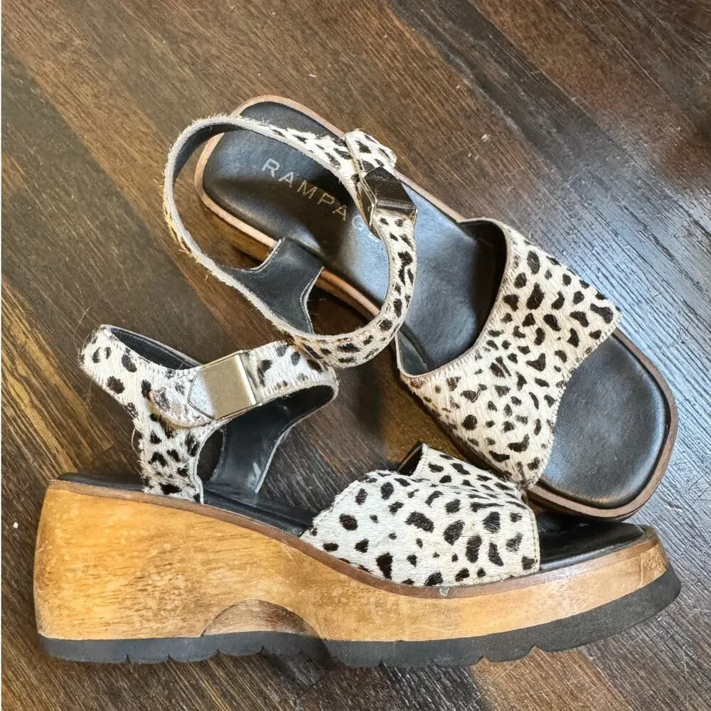 Rampage | Vintage Y2K Leopard Wedge Platform Square Toe Sandals Leather Fur Sz 7